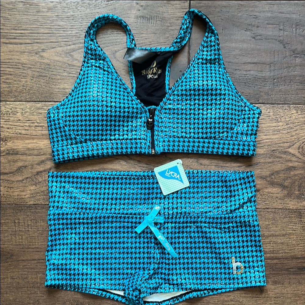 Hot yoga/CrossFit Blue Houndstooth Sports Bra and Shorts Set